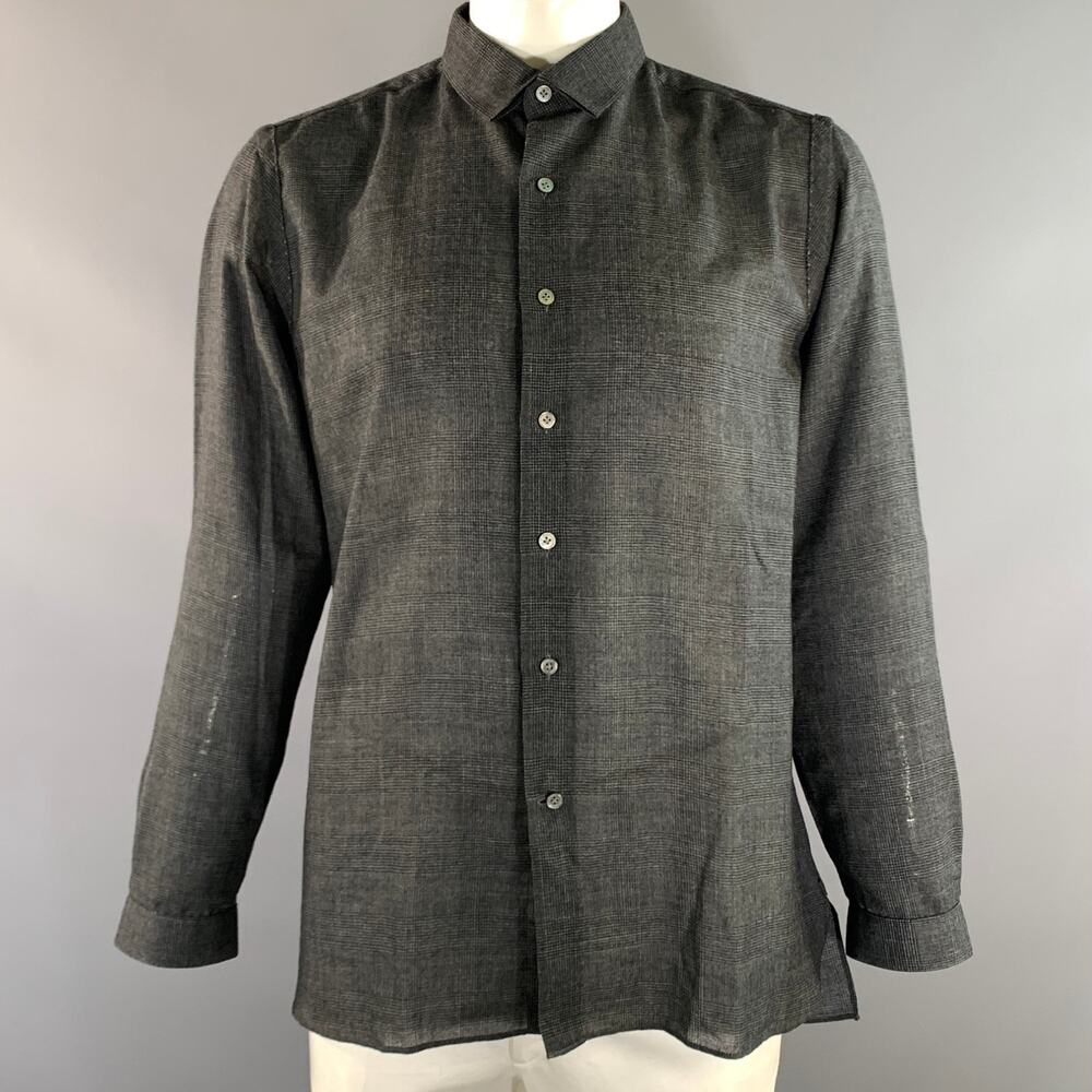 LANVIN Size L Grey Black Tartan Wool Blend Button Up Long Sleeve Shirt